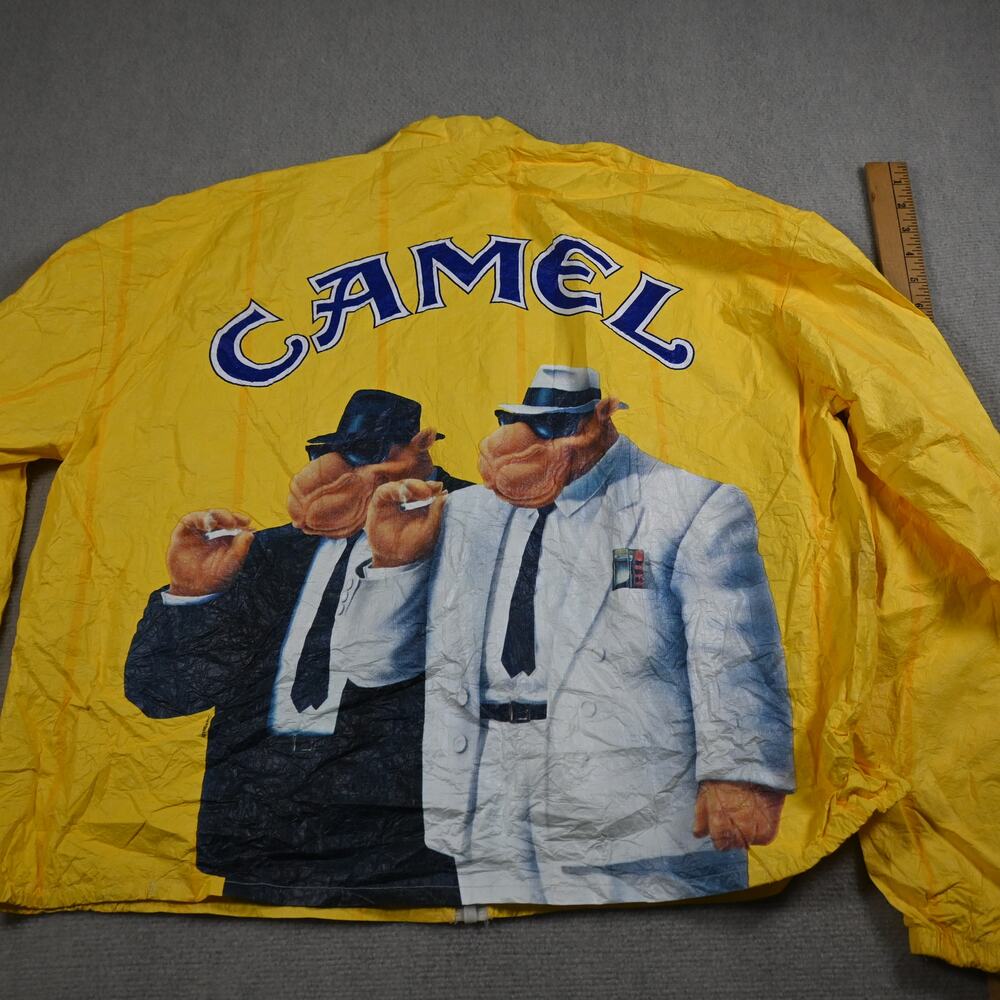 Vintage Camel Cigarettes Tyvek Jacket Yellow Full Zip Graphic Back XL 90s Promo